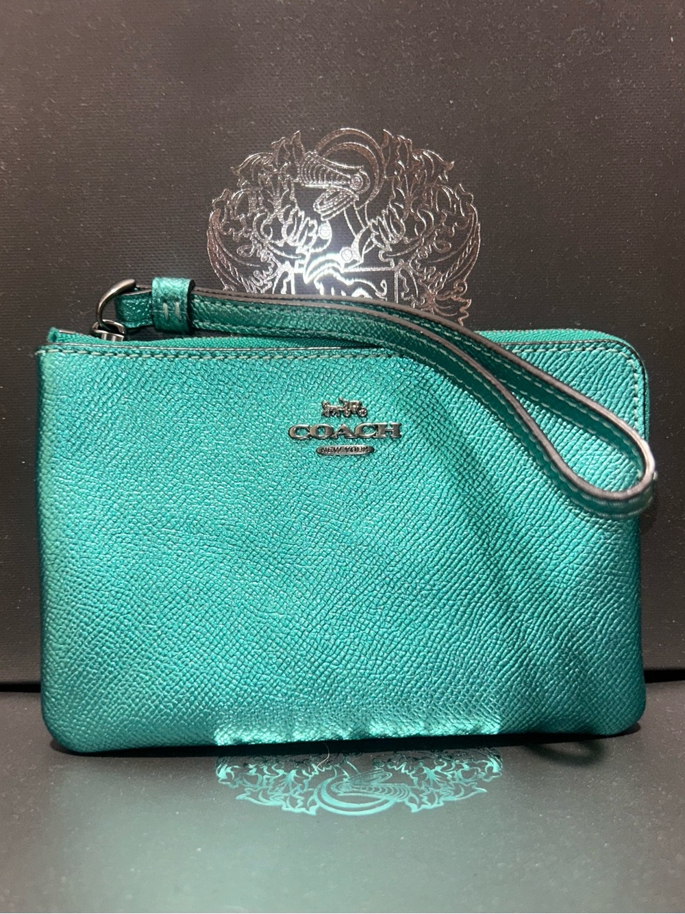 Coach Women's Metallic Teal Zip Wristlet Wallet Wrist Strap Logo Charm